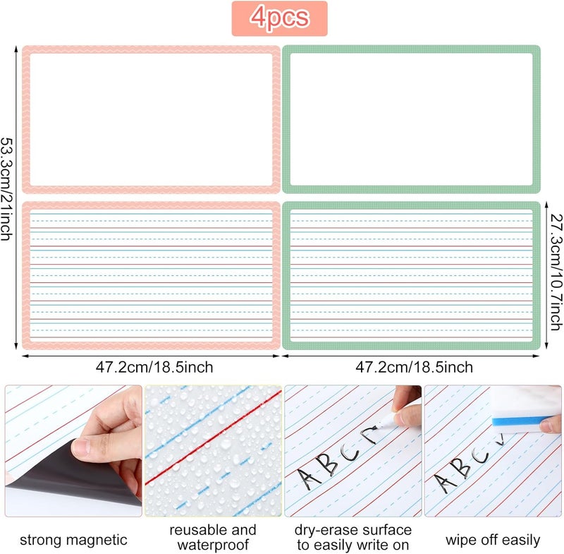 TecUnite 4pcs Jumbo Magnetic Draw & Write Paper 21.5" x 18" Dry Erase Handwriting Lined Paper Magnetic Lined Sheet for School, Office, Kitchen Fridge, Kids Drawing (Pink+Green) - Image 2